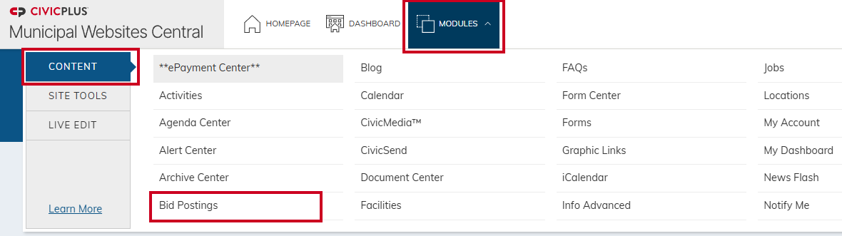 Modules menu, Bid Postings.