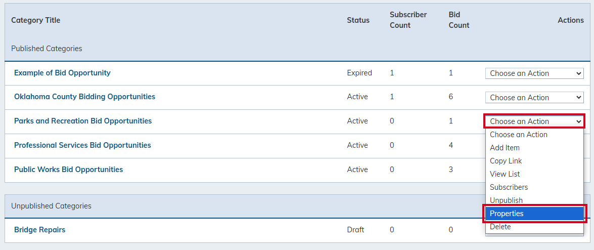 The properties on a category's Choose an Action drop-down menu.