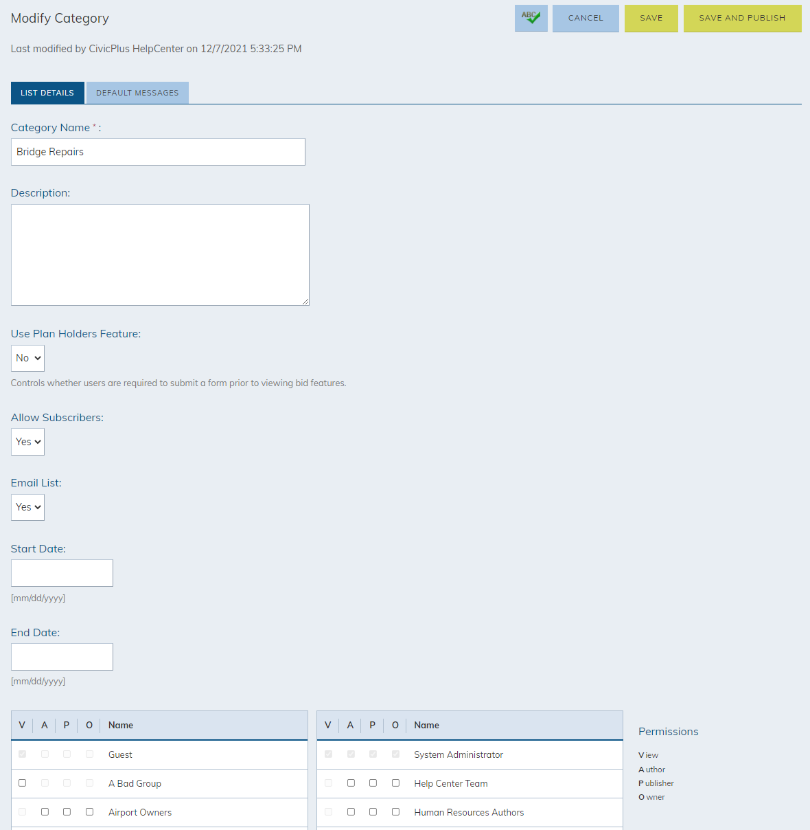 The category's information fields and options.