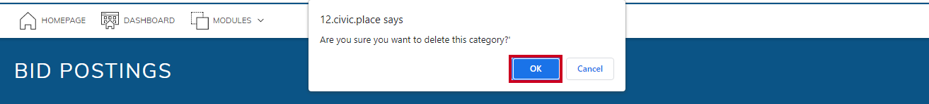 Pop-up window to confirm deletion