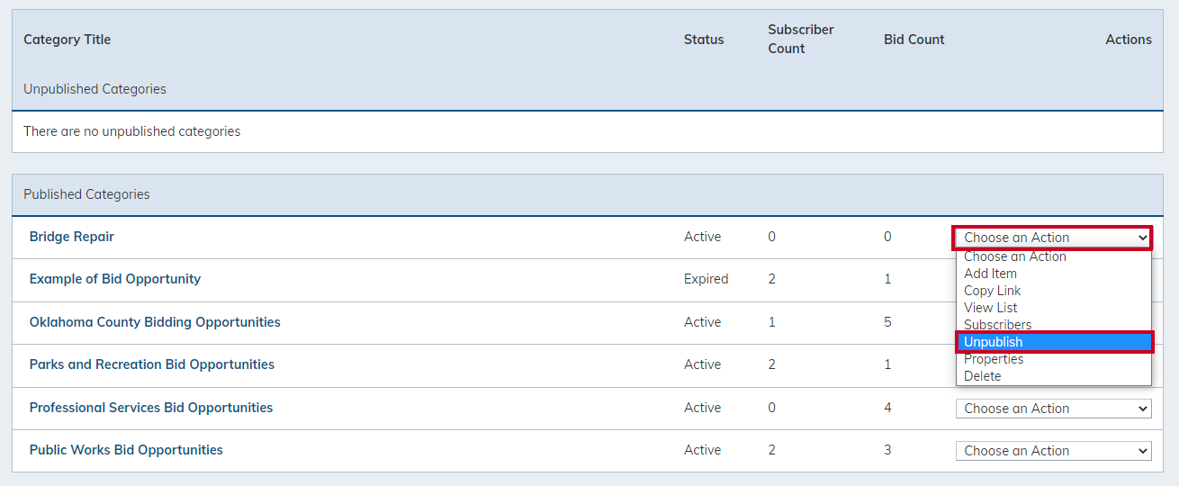 choose an action then unpublish