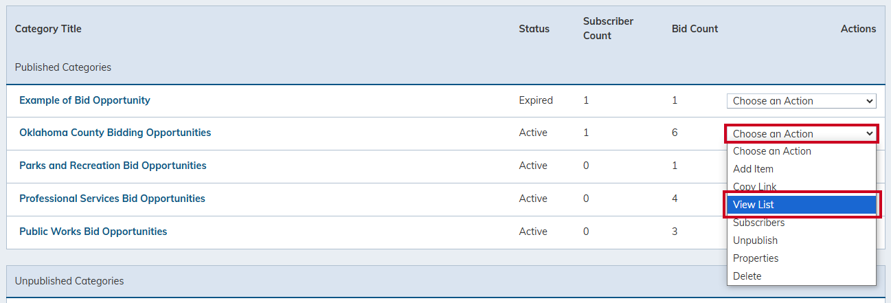 Select View List from the Choose an Action Menu.