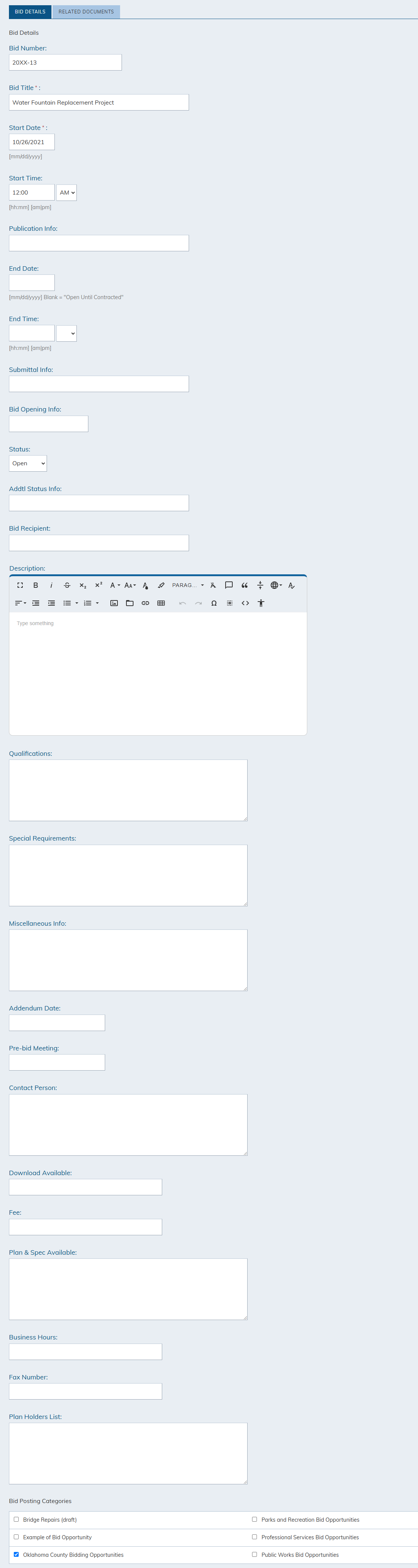 Make modificationstons Bid Number, Bid Title, or Start Date fields.