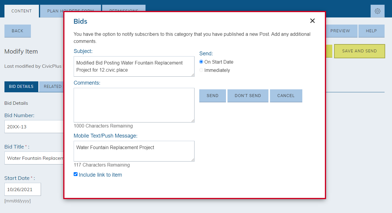 Bids notification window.