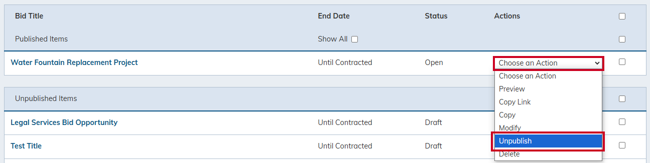 Unpublish bid.