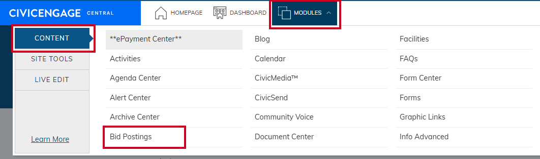Modules menu, Bid Postings.