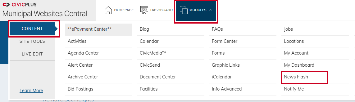 Modules menu, News Flash.