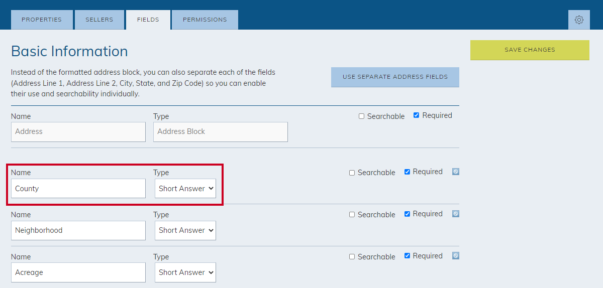 Basic information, name and type fields.