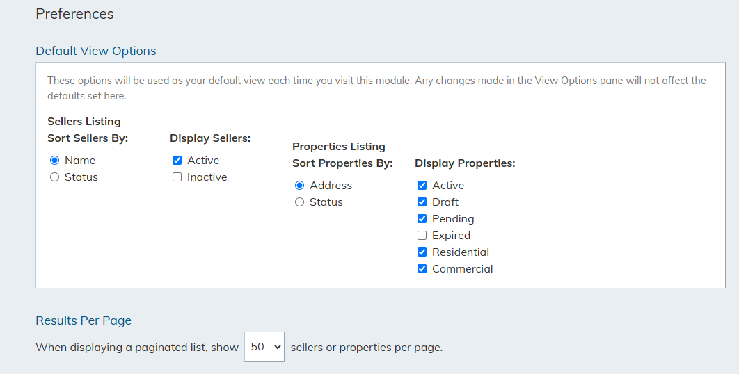 Default View Options settings.