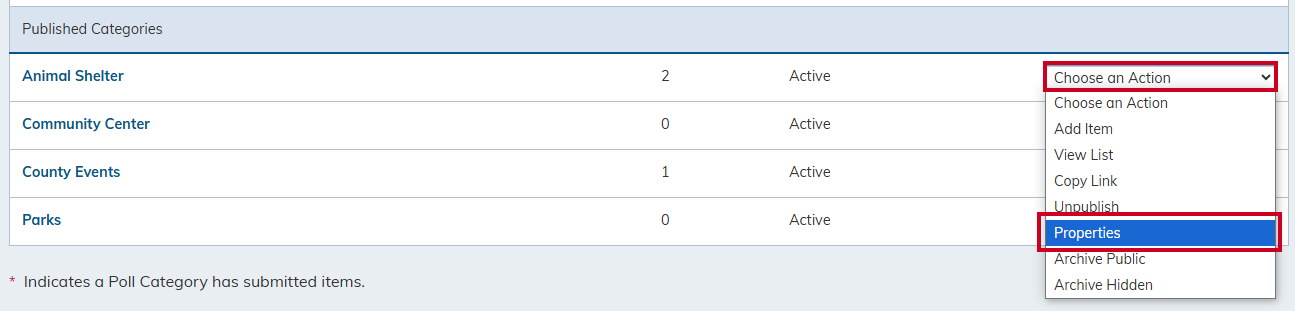 Action menu, properties.