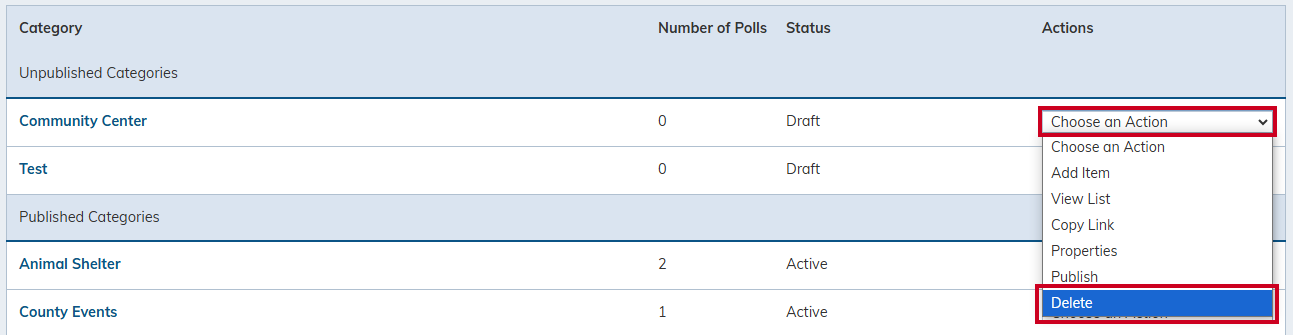 choose action delete