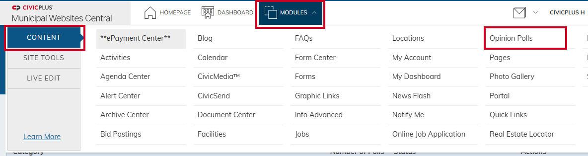 Modules menu, Opinion Polls.