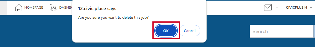 Okay button on confirmation window.