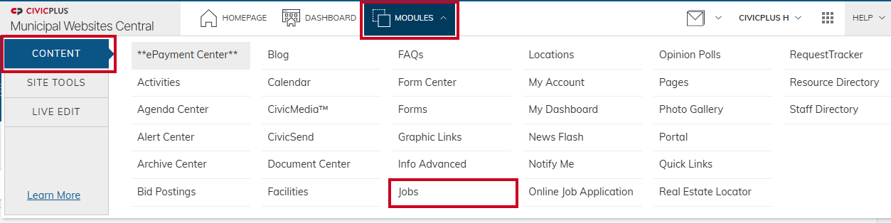 Modules menu with Jobs selected.
