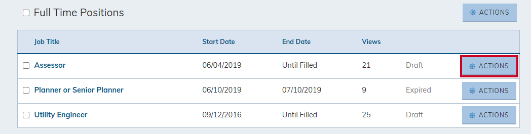 Actions button next to job posting.