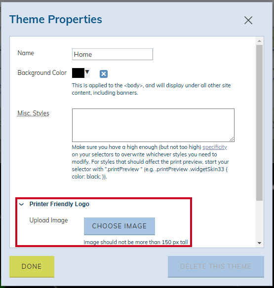 The Printer Friendly Logo section on the Theme Properties popup.
