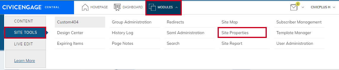 The Modules drop-down menu with the Site Tools and Site Properties options highlighted.