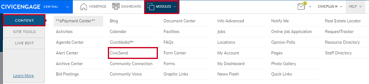 Navigate to CivicSend from the Modules menu.