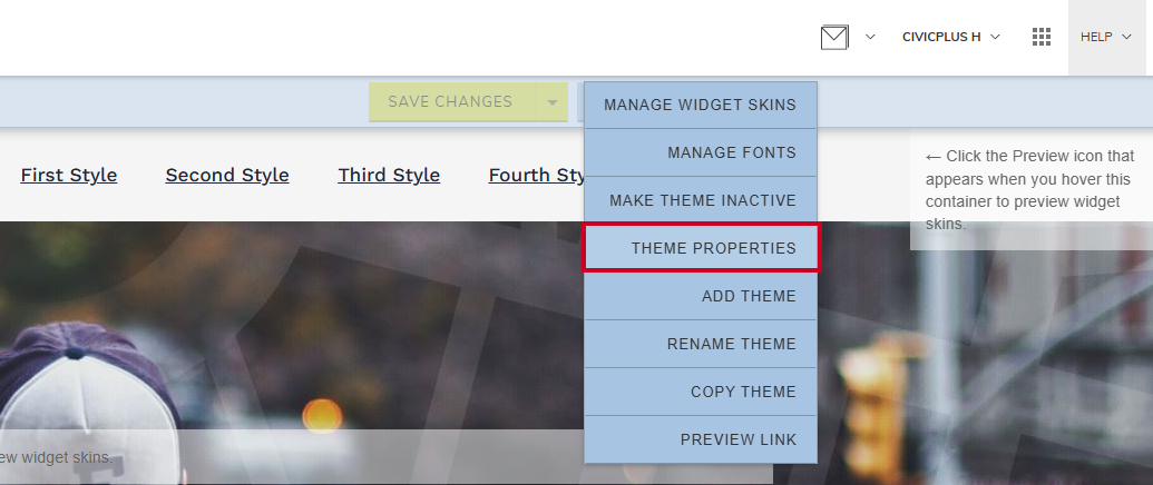 The Theme Properties option within the Actions dropdown menu.