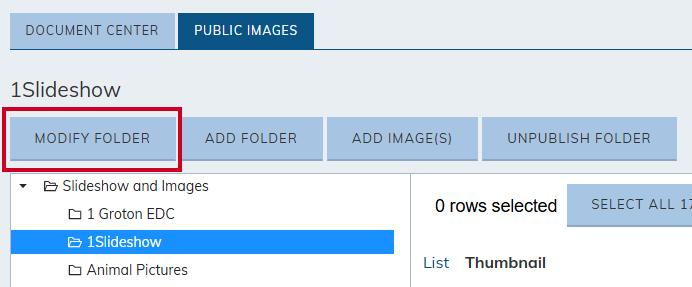 The Modify Folder button in the Public Images tab of Document Center.
