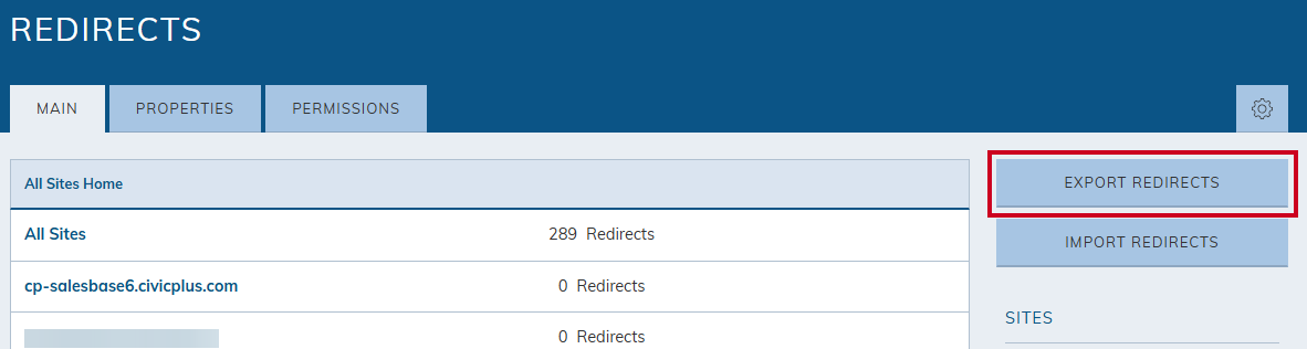 Export Redirects button.