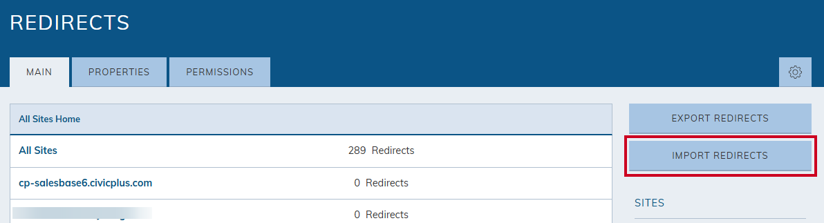 Import Redirects button.