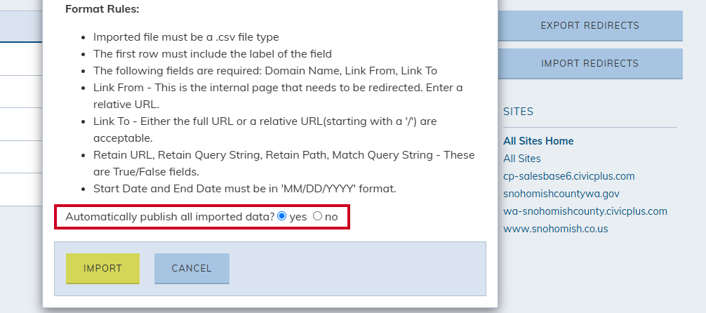 Auto publish all imported data button.
