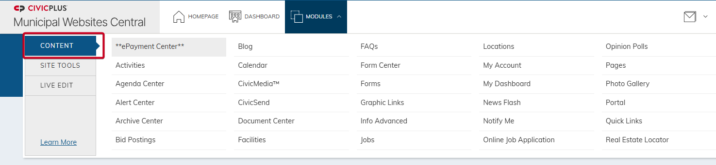 The left-hand tab labeled Content.