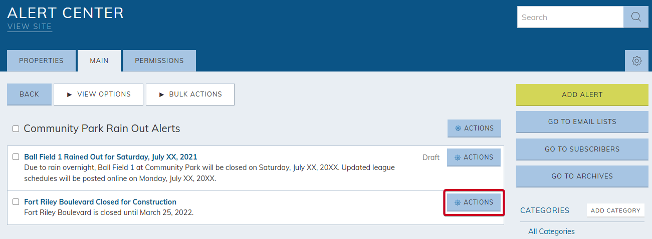The button labeled Actions, to the right of the Alert title.
