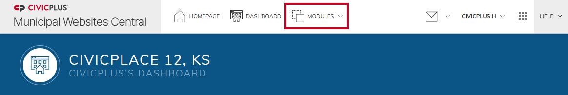 The drop down menu labeled Modules.