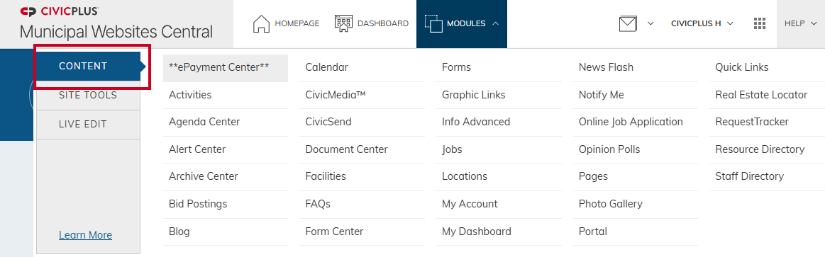 The navigation tab labeled Content.
