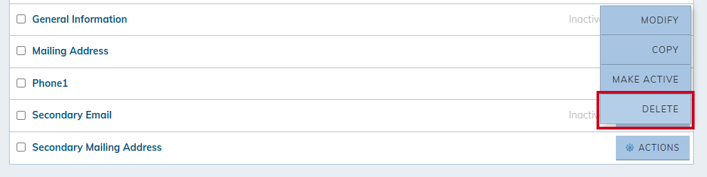Actions menu, delete option.