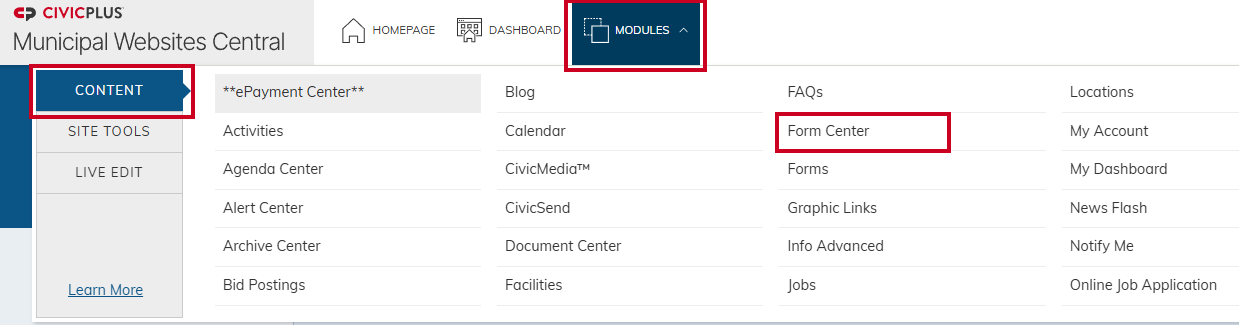 Modules menu with Form Center selected.