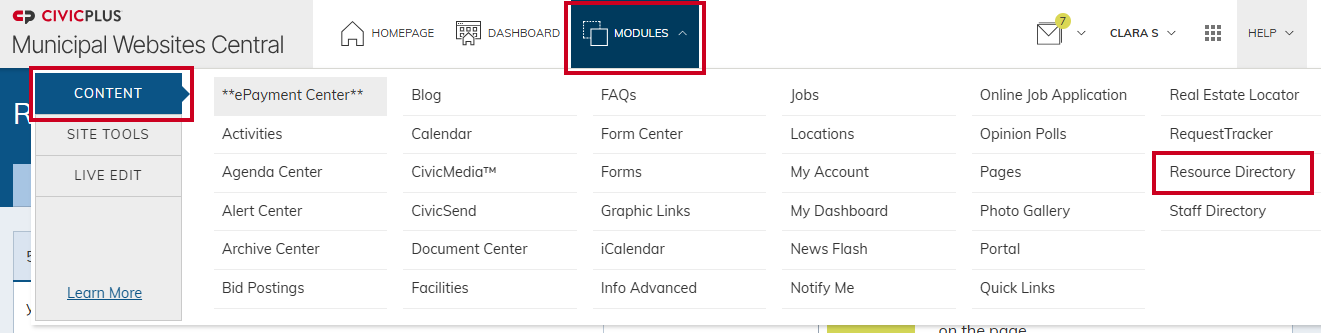 Modules menu with Resource Directory selected.