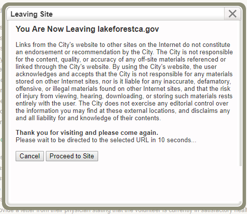An example Leaving the City Site pop-up message.