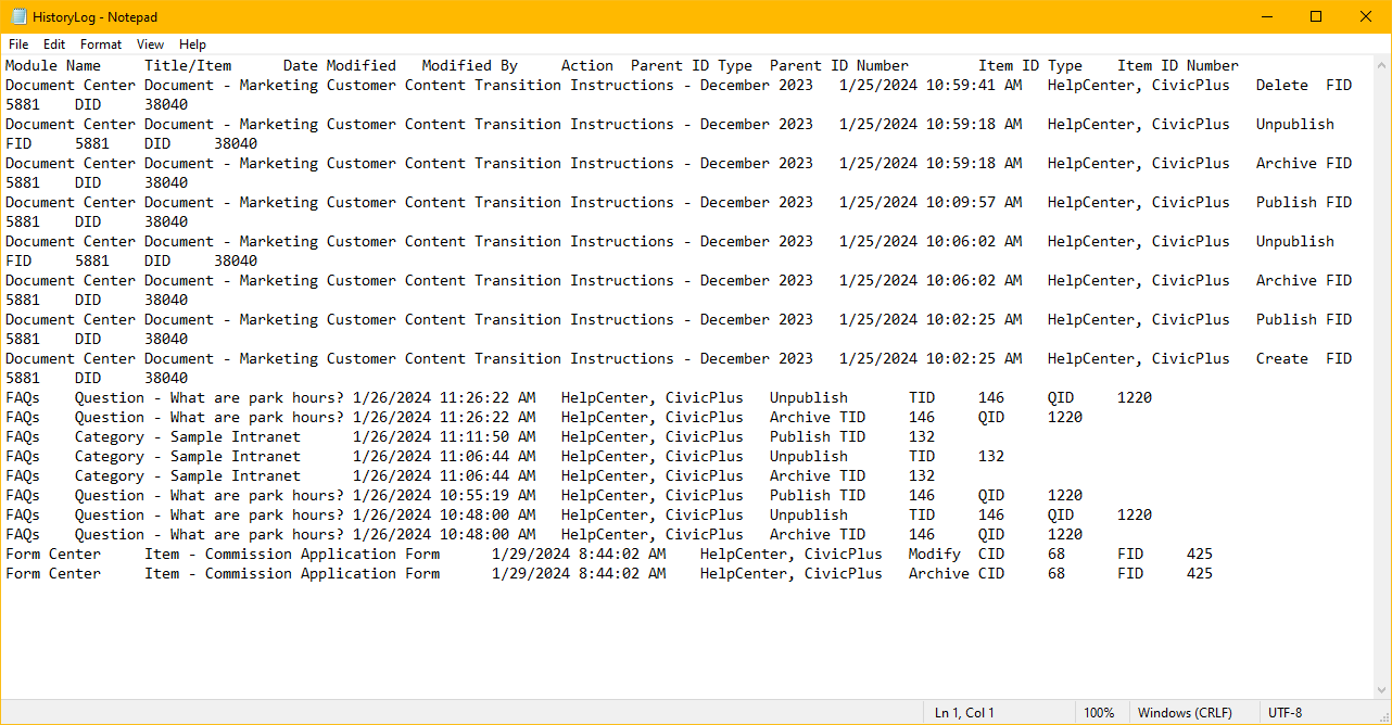 An example of the exported History Log TXT file open in Notepad.