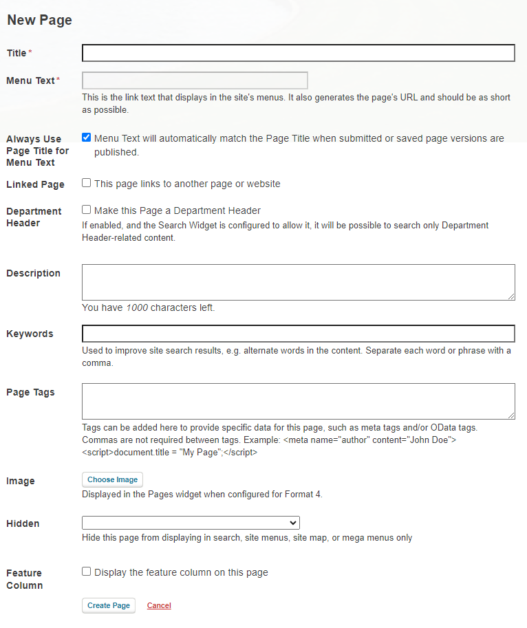 New Page dialog and fields