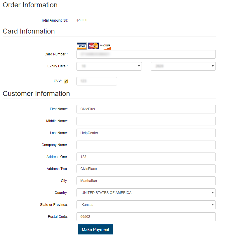 Card and Customer Information fields.