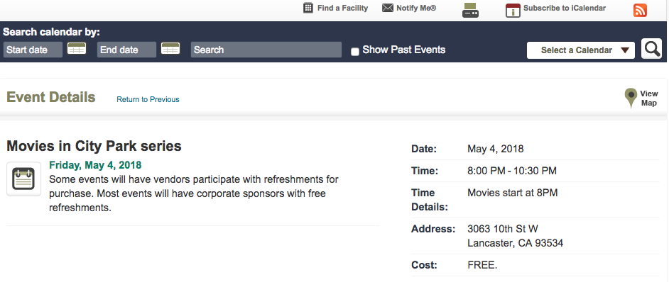 The front-end Calendar page.