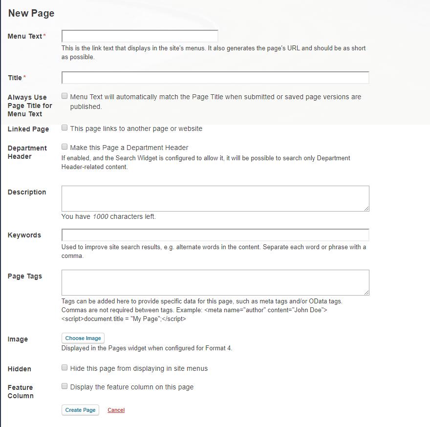 Web Central Create/Add Page dialog.