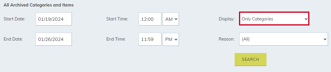Only Categories selected to display.