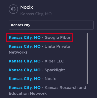 An example Kansas City server name within a list of search results.