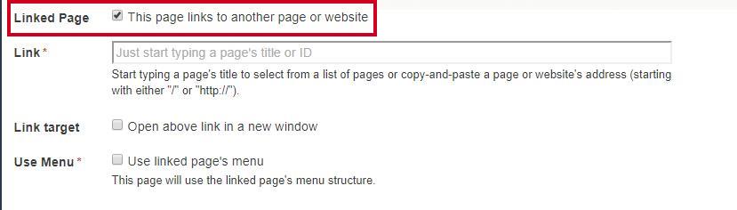 Web Central Create/Add Page, Linked Page checkbox.