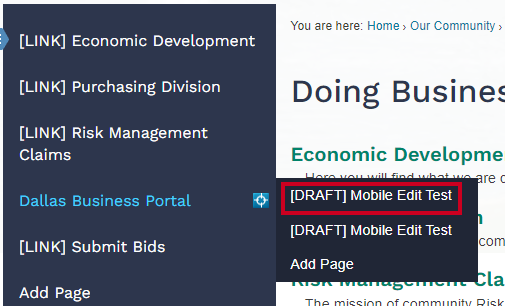Web Central New Subpage in Secondary Navigation.