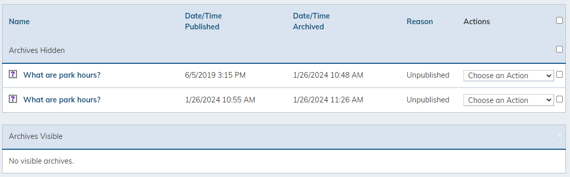 List of archived items.