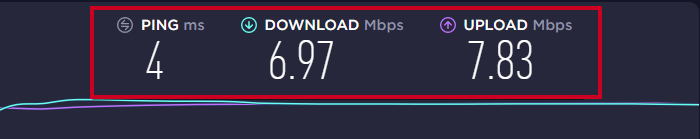 Ping, Download, and Upload results for the example server.