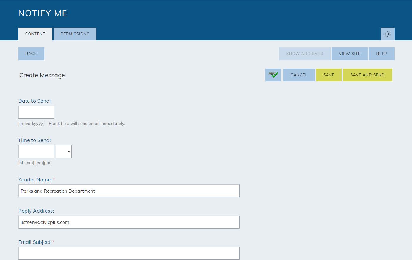 create a new notify me message fill fields 1