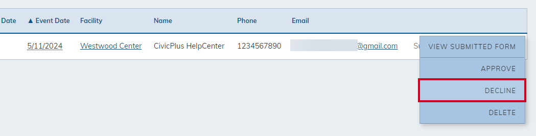 Decline option in actions menu.