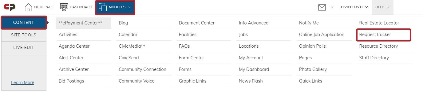 The RequestTracker on the modules menu.