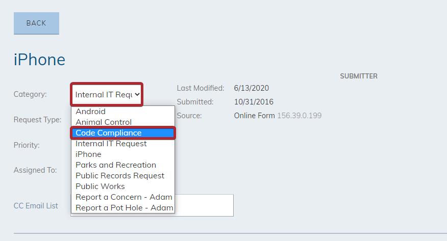 The select category option.